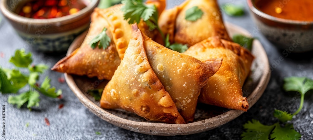 Close Up of Delicious Savory Samosas with Fresh Herbs and Dipping Sauce on Rustic Background. Close Up of Delicious Savory Samosas with Fresh Herbs and Dipping Sauce on Rustic Background.
