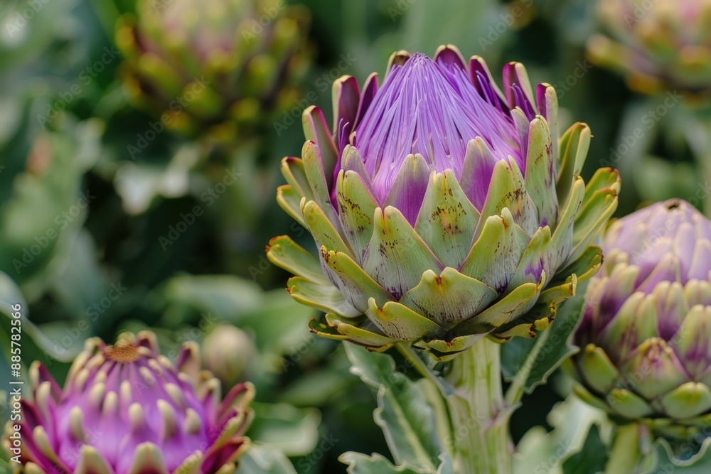Closeup of a striking purple artichoke flower against a lush green background Closeup of a striking purple artichoke flower against a lush green background
