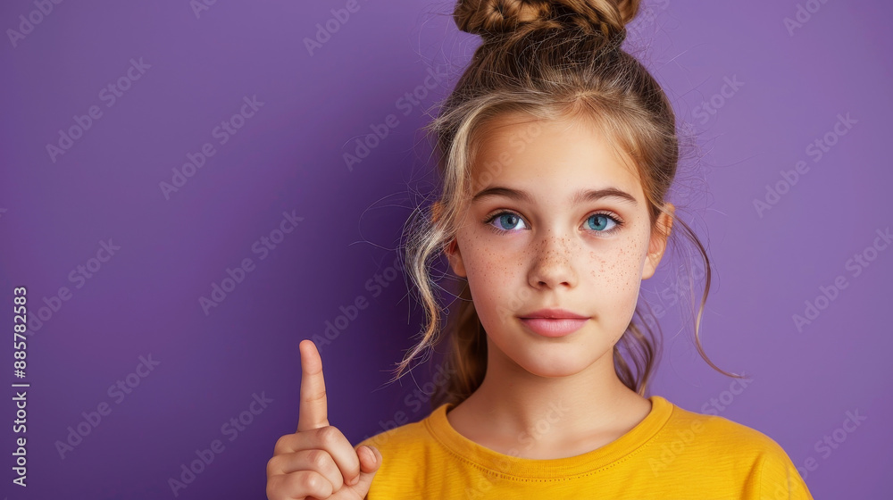 Young girl pointing at empty space with a serious expression against purple background Young girl pointing at empty space with a serious expression against purple background