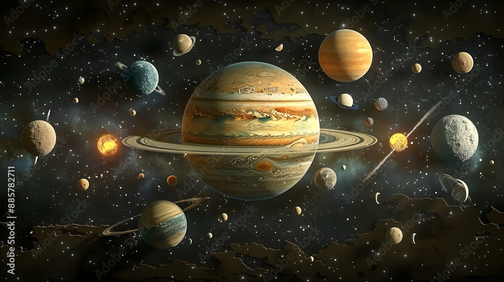 A solar planet shown with its moons in a detailed educational poster A solar planet shown with its moons in a detailed educational poster
