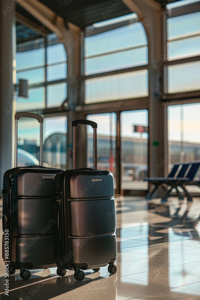 Luggage suitcases bustling airport scene, perfect for travel concepts Luggage suitcases bustling airport scene, perfect for travel concepts