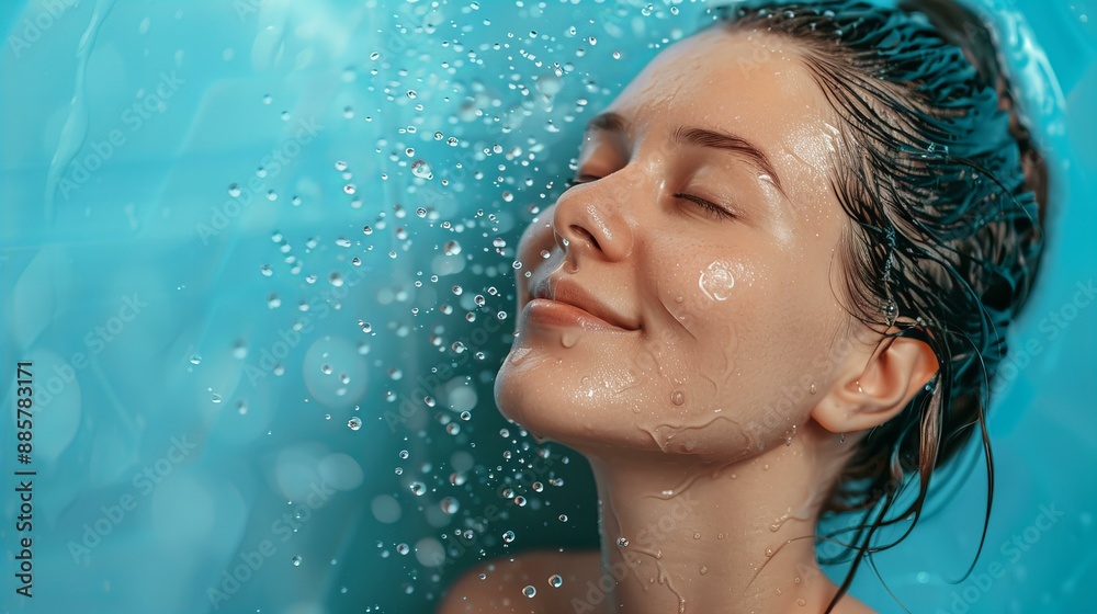 Naklejka premium portrait of a woman having a shower or in the rain, concept of tranquil and refreshing cleansing