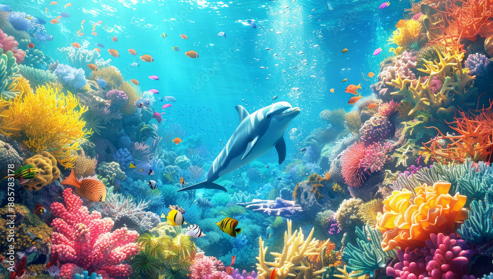 Vibrant underwater scene with a dolphin swimming among colorful coral reefs and tropical fish Vibrant underwater scene with a dolphin swimming among colorful coral reefs and tropical fish