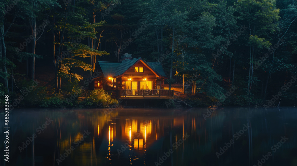 Obraz premium Tranquil lakeside cabin retreat, nestled in a secluded forest at evening