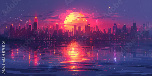 Pixel art retro wave. panorama of big city. wide banner. Space for text. neon cyberpunk digital 8 16 32 64 bit painting. poster, flyer, banner, email, header, social media post. Generative Ai content