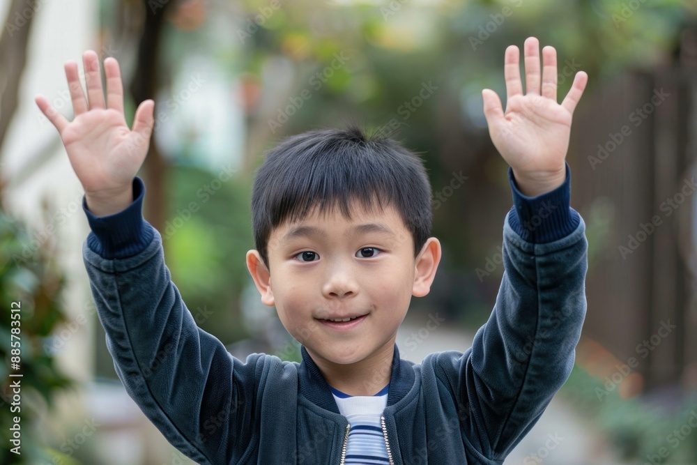 Young happy boy smiling and waving hello in a garden setting Young happy boy smiling and waving hello in a garden setting