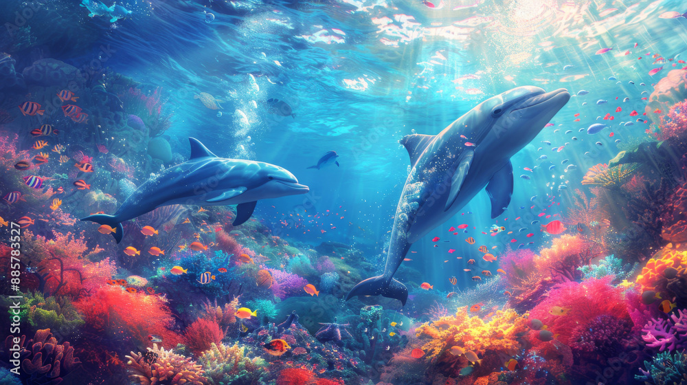 Obraz premium Vibrant Art Nouveau-Inspired Underwater Scene with Dolphins and Coral Reefs