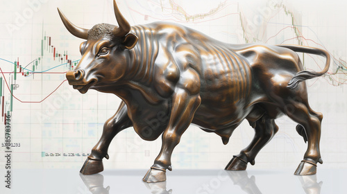 Bull Market Concept: Bronze Bull Statue with Financial Chart Background  © alex