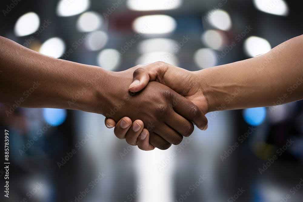 Two people shaking hands, capturing the instant of connection between them. The hands are of different skin tones, symbolizing diversity and unity Two people shaking hands, capturing the instant of connection between them. The hands are of different skin tones, symbolizing diversity and unity