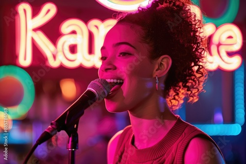 Young woman singing at Karaoke next to a sign in the night club