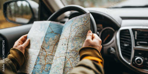 Tapety artystyczne Tourist holding paper map navigating while driving car