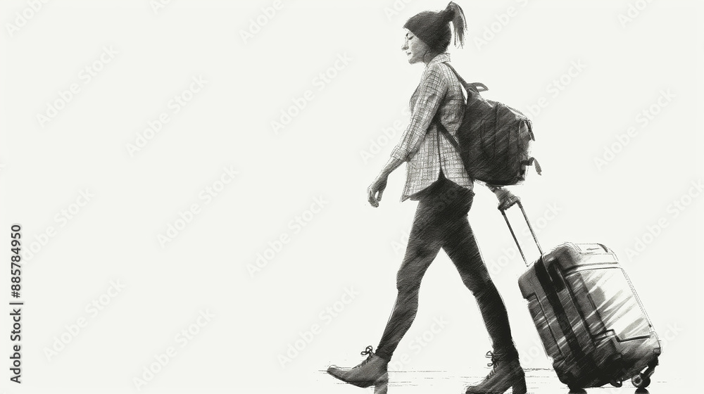 Naklejka premium Young woman walking with suitcase and backpack sketch effect