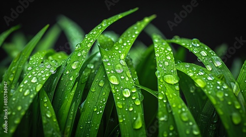 Green grass on meadow with drops of water dew, morning freshness. Nature background