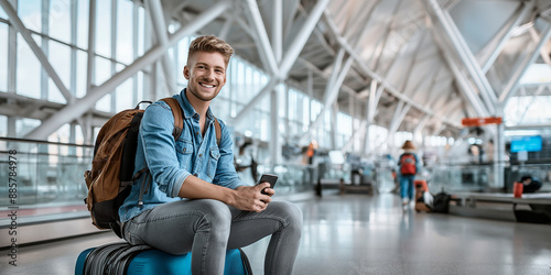 Wallpaper Mural Young tourist man using smartphone sitting on suitcase at airport Torontodigital.ca