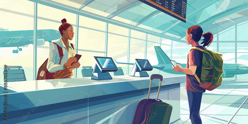 Airport check in counter with passenger using self service kiosk Airport check in counter with passenger using self service kiosk