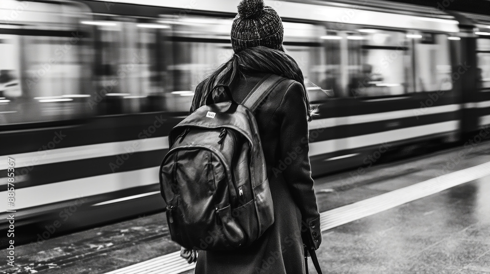 Obraz premium Student girl waiting for train passing by in subway station