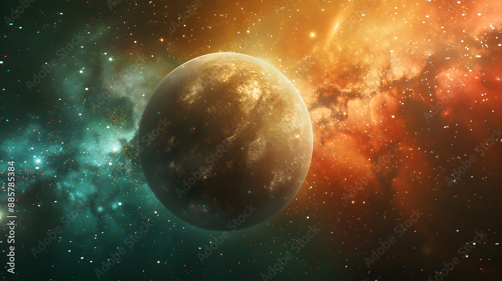 Fototapeta premium A solar planet surrounded by colorful cosmic dust and twinkling stars
