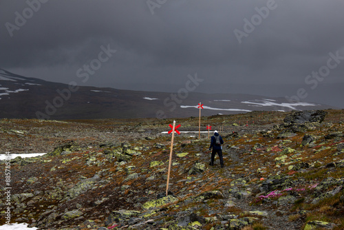 A hiker near Sylarna Mountain Station, Jämtland, Sweden photo