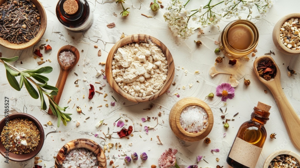 Aromatic Herbs and Spices in Wooden Bowls Aromatic Herbs and Spices in Wooden Bowls
