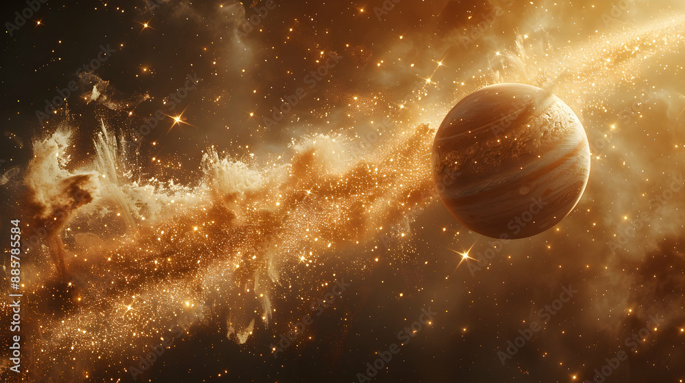 A solar planet surrounded by cosmic dust and twinkling stars A solar planet surrounded by cosmic dust and twinkling stars