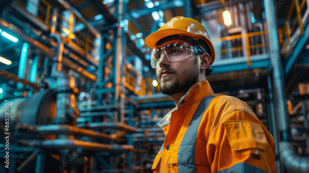 An engineer in orange protective gear and helmet stands inside an industrial facility, surrounded by machinery and metal structures. An engineer in orange protective gear and helmet stands inside an industrial facility, surrounded by machinery and metal structures.