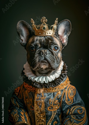 Majestic French Bulldog in Regal Attire with Ornate Gold Crown and Luxurious Embroidered Outfit Portraying Royalty and Elegance