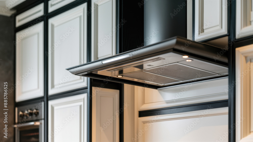 A black and white kitchen with a stove top hood, AI A black and white kitchen with a stove top hood, AI