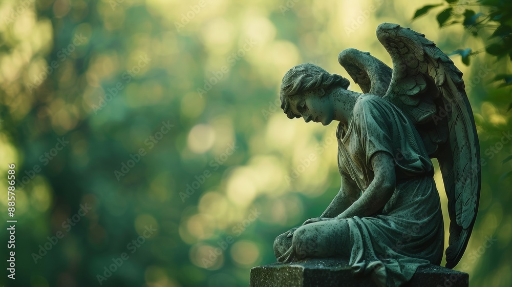 Fototapeta premium plaster statue of a praying angel in a green park