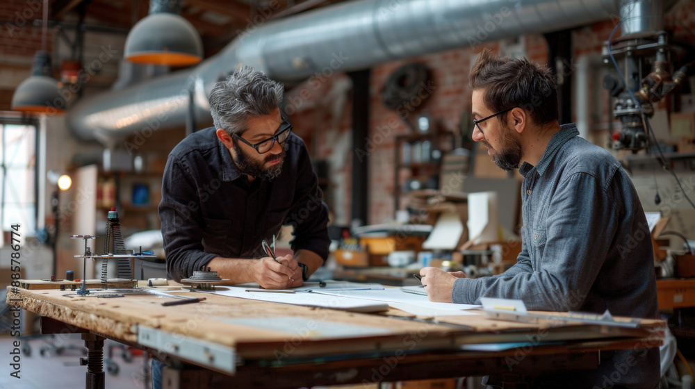 Two designers in a workshop collaborate on project plans, surrounded by tools and industrial decor, focusing on their work. Two designers in a workshop collaborate on project plans, surrounded by tools and industrial decor, focusing on their work.