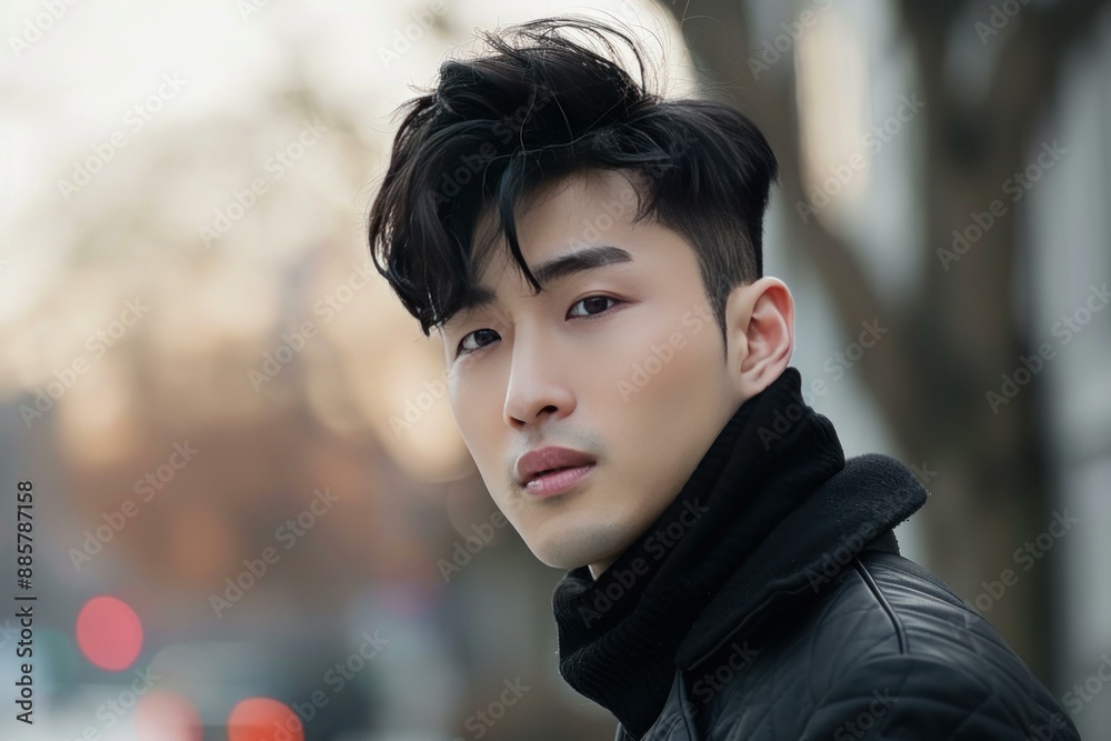 Portrait of an attractive young man with stylish hair wearing a black jacket outdoors Portrait of an attractive young man with stylish hair wearing a black jacket outdoors