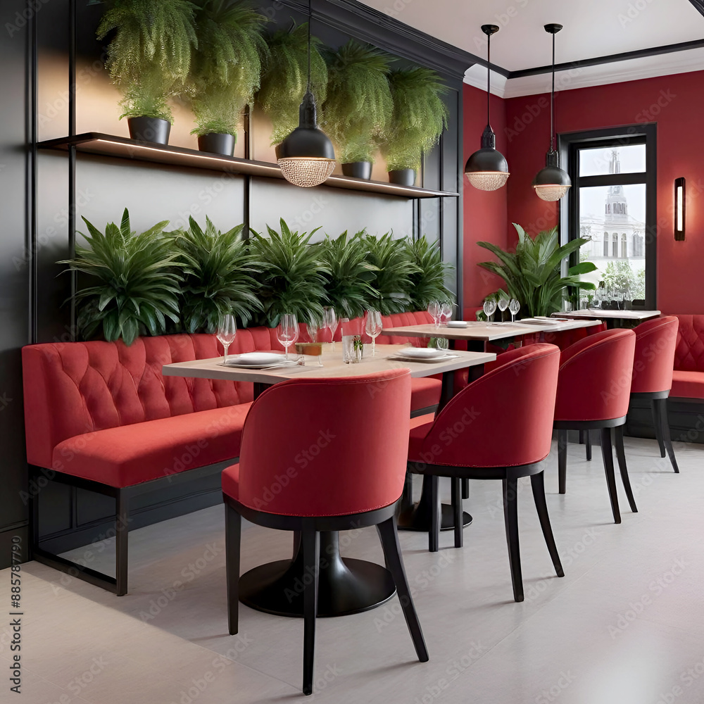 Fototapeta premium Modern and modern red-toned restaurant interiors with plant pots everywhere
