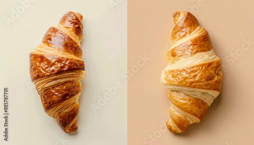 Two freshly baked croissants displayed side by side on a light and beige background.