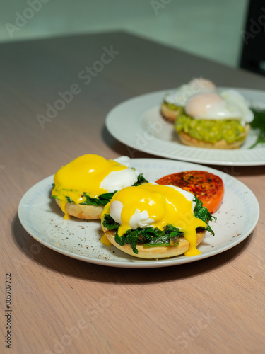 Eggs Benedict and poached eggs on avocado toast. Great for brunch fans and food lovers who want tasty and pretty dishes