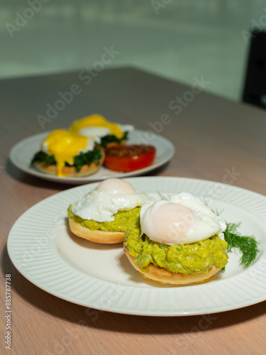 Eggs Benedict and poached eggs on avocado toast. Great for brunch fans and food lovers who want tasty and pretty dishes