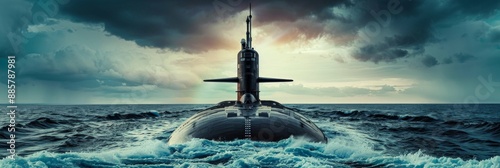 Military nuclear submarine launches torpedo missile underwater, wide banner with copy
