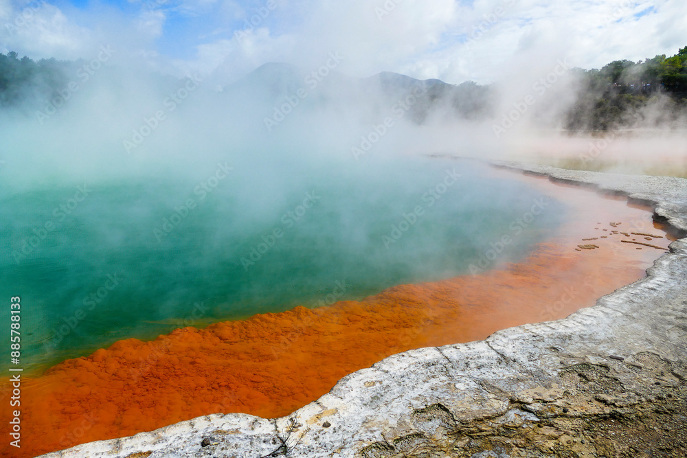 Champagne pool, largest hotspring in the world, geothermal feature at  Wai-O-Tapu in Rotorua North Island New Zealand,
