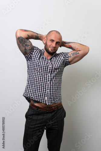 Model fashion male hipster guy trendy tattoo white man, from wear tshirt in mockup and shirt mock, p beauty. Hair fabric bearded,