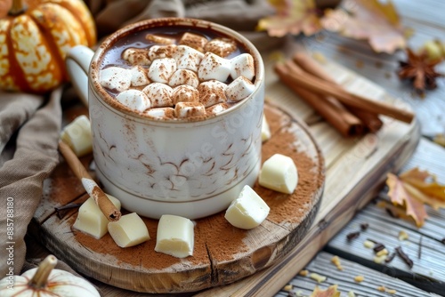 Delicious cup of hot chocolate topped with marshmallows, perfect for a cozy fall day