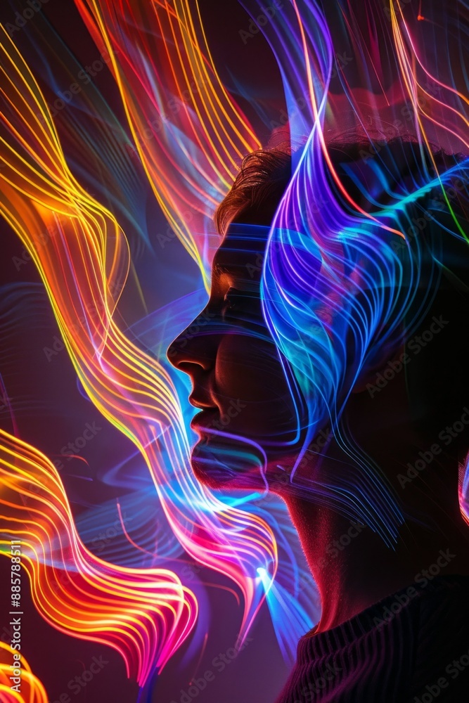 Side view of person surrounded by colorful abstract sonic waves, illustrating synesthesia Side view of person surrounded by colorful abstract sonic waves, illustrating synesthesia