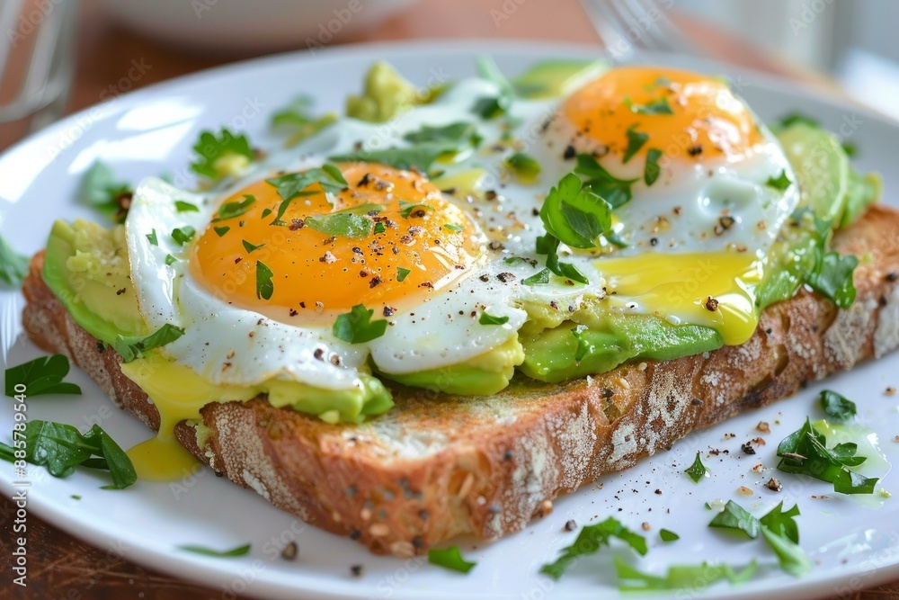Whole grain toast topped with avocado slices, sunnysideup eggs, and fresh herbs Whole grain toast topped with avocado slices, sunnysideup eggs, and fresh herbs