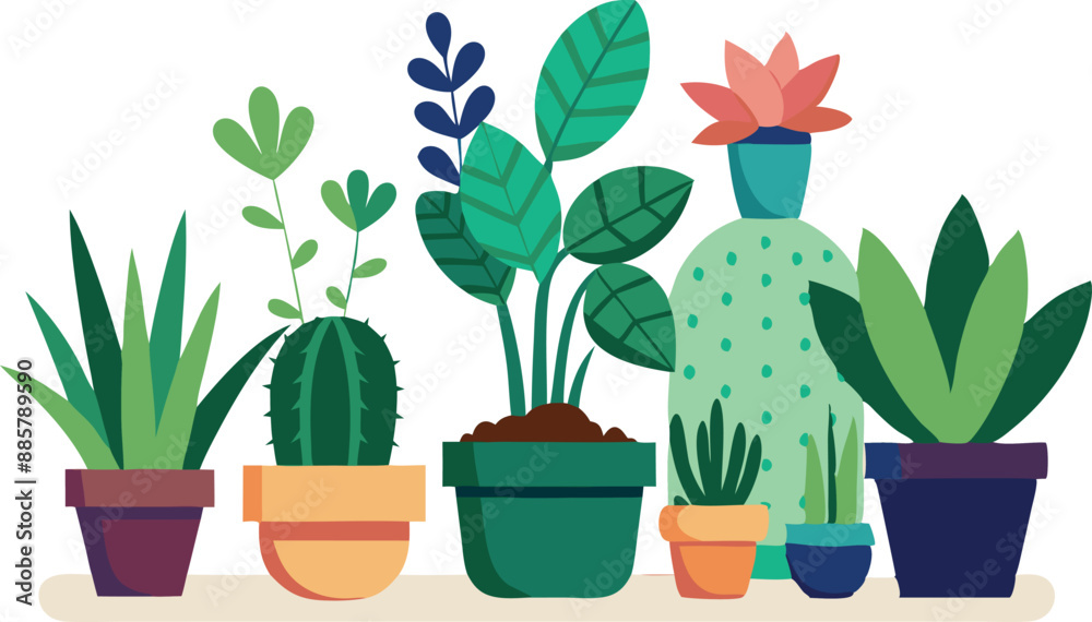 Colorful collection of various potted plants including cacti and succulents on a white background. Colorful collection of various potted plants including cacti and succulents on a white background.