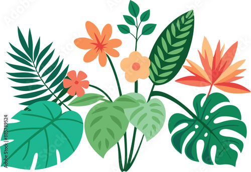 Vibrant illustration of tropical foliage and flowers with green leaves and bright orange and yellow blooms on a white background.