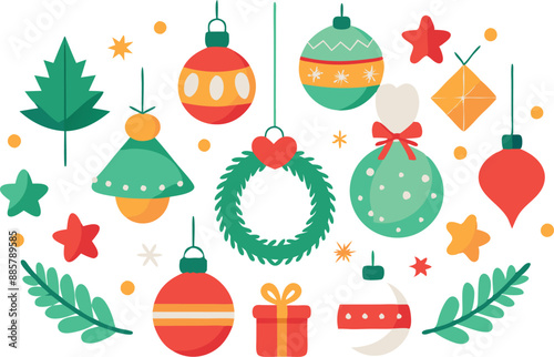 Colorful Christmas ornaments and decorations featuring wreaths, stars, baubles, and leaves, creating a festive holiday design.