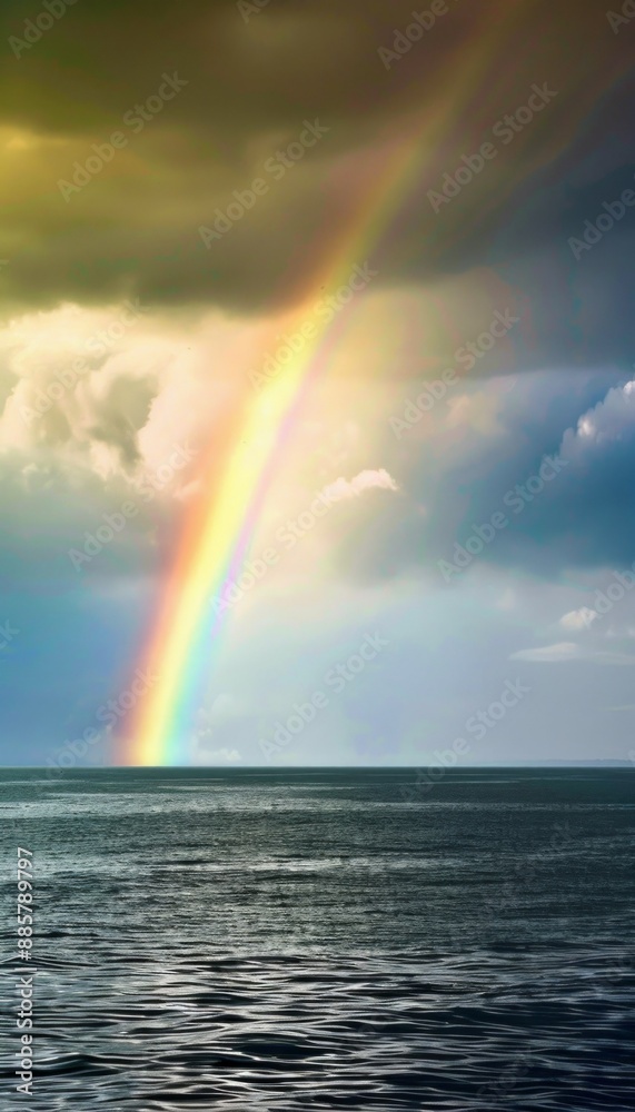 Rainbow arches gracefully over stormy sea, symbolizing hope divine blessing Rainbow arches gracefully over stormy sea, symbolizing hope divine blessing