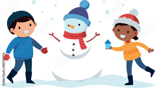 Two children building a snowman in winter, smiling and having fun in the snow, enjoying a playful and joyous snowfall