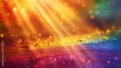 Abstract background of golden rainbow light and sparkling bokeh