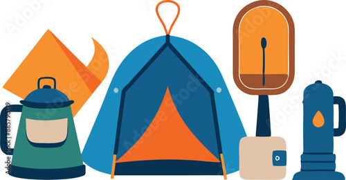 Illustration of camping equipment including a tent, lantern, water flask, and essentials, perfect for outdoor adventure and travel themes