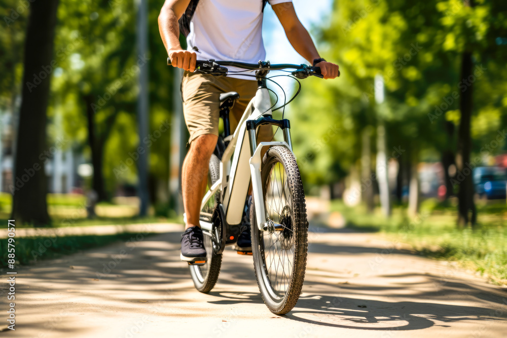 Man riding an electric bicycle with battery in green city park. Concept of sustainable transport and clean energy solutions for efficient urban mobility and environmental conservation Man riding an electric bicycle with battery in green city park. Concept of sustainable transport and clean energy solutions for efficient urban mobility and environmental conservation