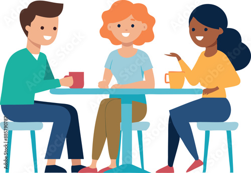 Three friends sitting at a table, drinking coffee, and enjoying their time together in a cafe setting. photo