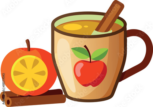 Illustration of a warm apple cider beverage with cinnamon stick and orange slice, perfect for autumn and winter themes.